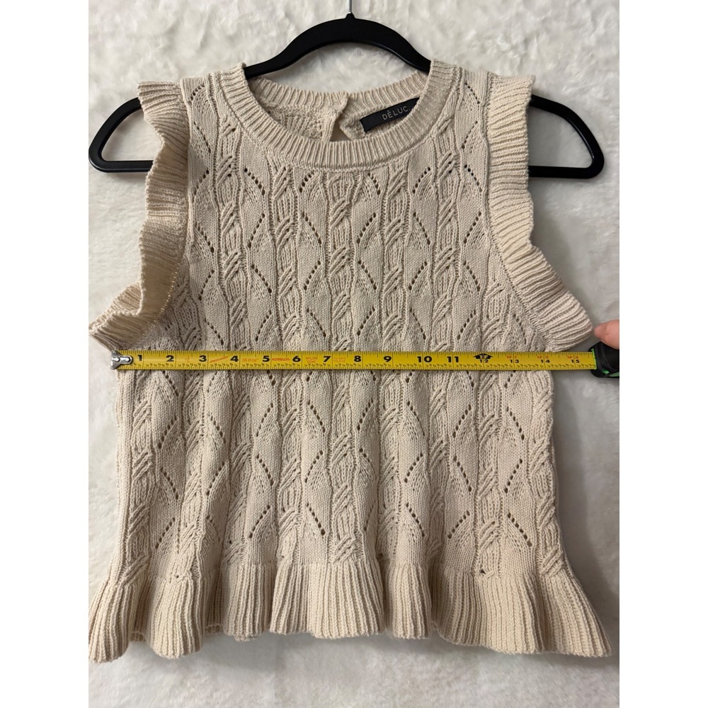 Deluc Cream Cable Knit Ruffle Sleeveless Sweater Top Vest Beige Small 9297D